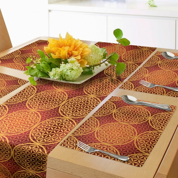 Ambesonne Victorian Table Runner & Placemats, Flower Medieval Tones, Placemat 4 pcs + Runner 12"x72", Mustard Orange