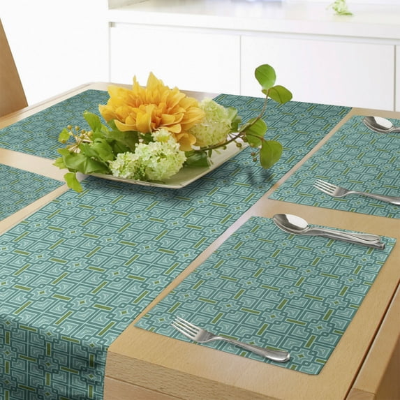 Ambesonne Victorian Table Runner & Placemats, Mosaic Azulejo Effects, Placemat 4 pcs + Runner 12"x72", Turquoise Fern Green