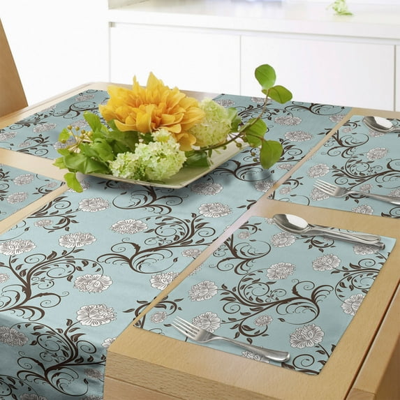 Ambesonne Victorian Table Runner & Placemats, Vintage Floral Stalks, Placemat 4 pcs + Runner 12"x90", Seafoam Brown White
