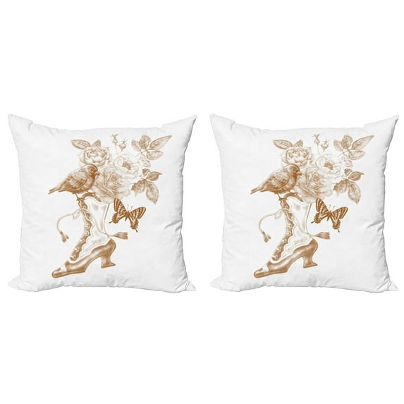 Ambesonne Victorian Throw Pillow Cover 2 Pack, Nostalgic Butterflies, 16", Brown White