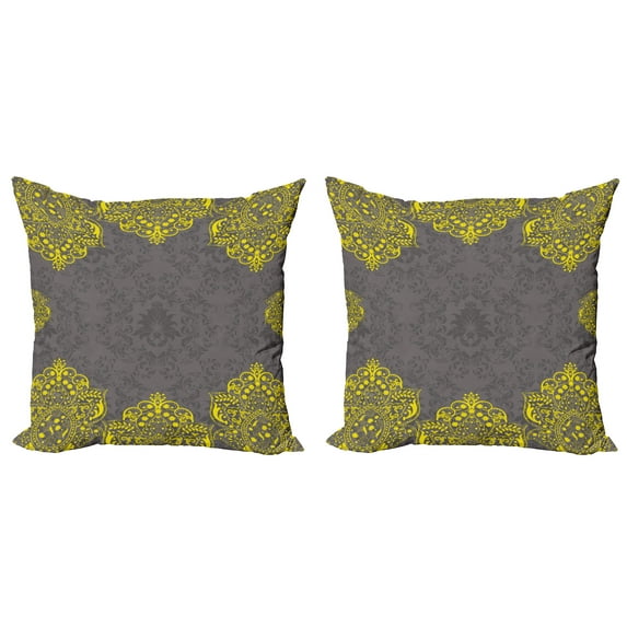 Ambesonne Victorian Throw Pillow Cover 2 Pack, Yellow Grey Florals, 24", Grey Yellow