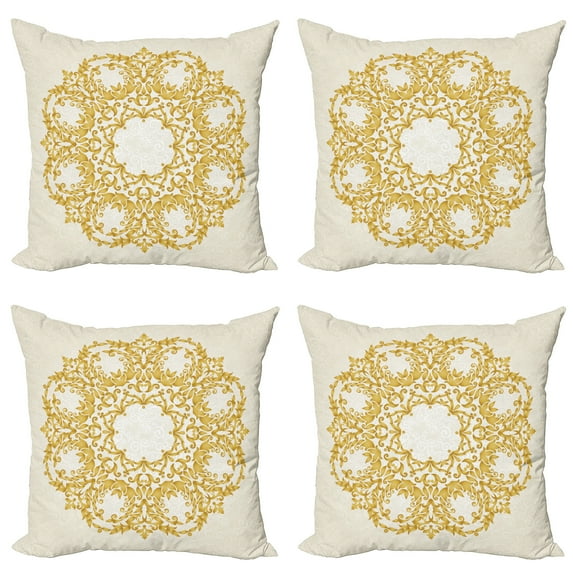 Ambesonne Victorian Throw Pillow Cover 4 Pack, Floral Baroque Round, 20", Cream Yellow