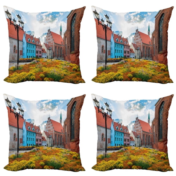 Ambesonne Victorian Throw Pillow Cover 4 Pack, Old City Riga Latvia, 16", Multicolor
