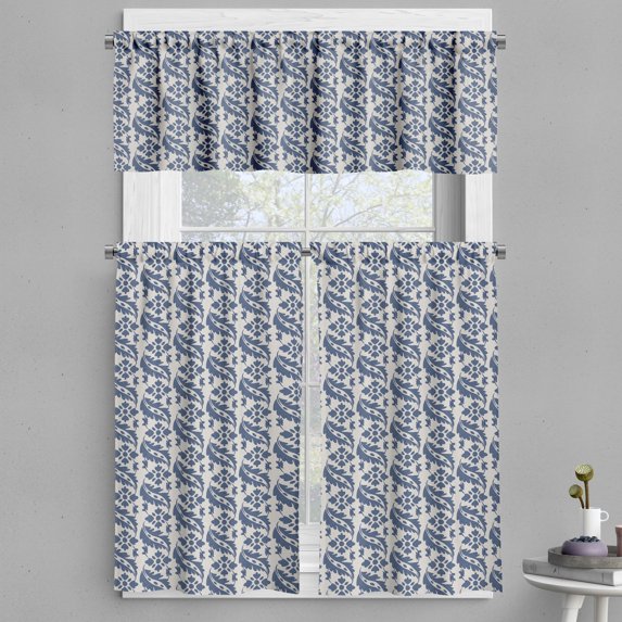 Ambesonne Victorian Valance & Curtain, Antique Motifs Leaves, 55"x36", Dust and Night Blue