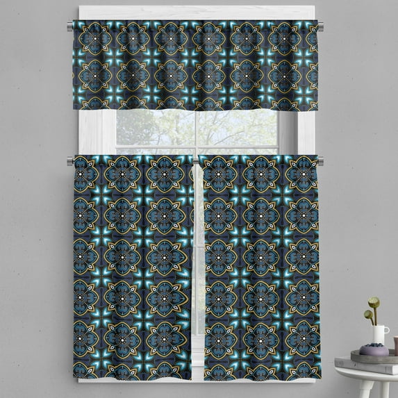 Ambesonne Victorian Valance & Curtain, Oriental Ornaments Art, 55"x24", Dark Mustard and Pale Blue