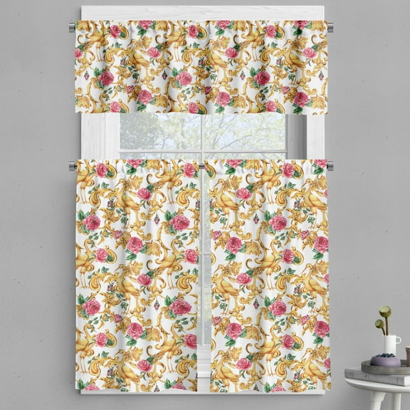 Ambesonne Victorian Valance & Curtain, Vintage Vibes Crane Birds, 55"x24", Earth Yellow Green and Pink