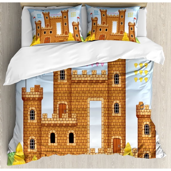 Ambesonne Video Game Duvet Cover Set, Castle Leisure Hobby, Calking, Pale Caramel Blue