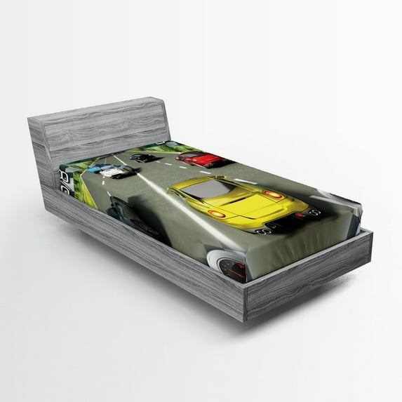 Ambesonne Video Game Fitted Sheet, Sports Racing Theme, Twin XL Size, Multicolor