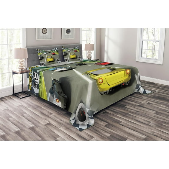 Ambesonne Video Game Quilted Bedspread Set 3 Pcs, Sports Racing Theme, King Size, Multicolor