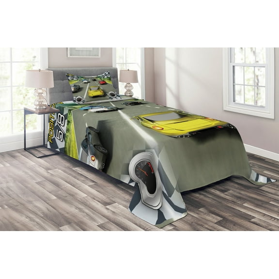 Ambesonne Video Game Quilted Coverlet 2 Pcs, Sports Racing Theme, Twin Size, Multicolor