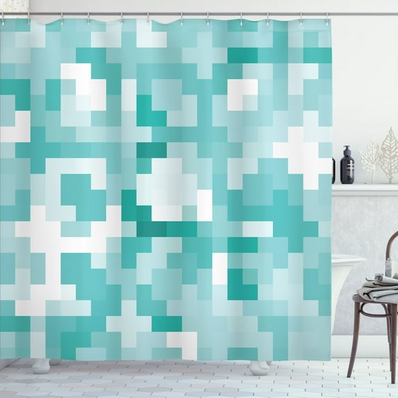 Ambesonne Video Game Theme Shower Curtain, Monochrome Squares, 69"Wx84"L, Turquoise Seafoam White