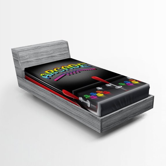Ambesonne Video Games Fitted Sheet 2 Pcs Set, Arcade Retro Fun, Twin, Multicolor