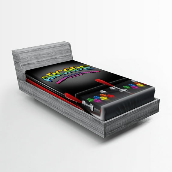 Ambesonne Video Games Fitted Sheet 2 Pcs Set, Arcade Retro Fun, Twin XL, Multicolor