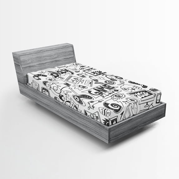 Ambesonne Video Games Fitted Sheet 2 Pcs Set, Sketch Style Gaming, Twin, Black White
