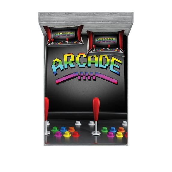 Ambesonne Video Games Fitted Sheet & Pillow Sham Set, Arcade Retro Fun, Calking, Multicolor