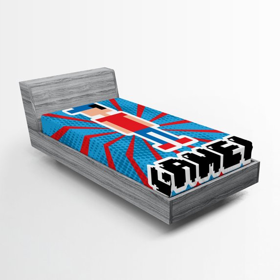 Ambesonne Video Games Fitted Sheet, Red Blue Stripes, Twin XL Size, Vermilion White