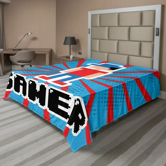 Ambesonne Video Games Flat Sheet, Red Blue Stripes, California King, Vermilion White