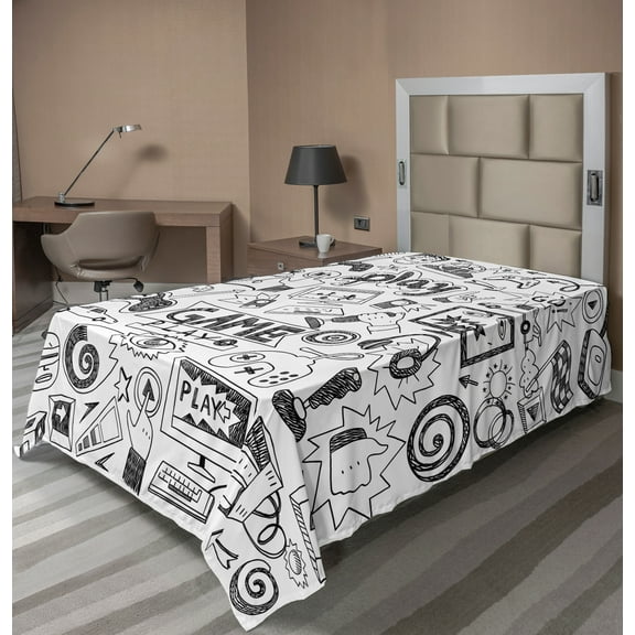 Ambesonne Games Flat Sheet, Sketchy 90s Gaming Pattern, Twin Size, White and Black