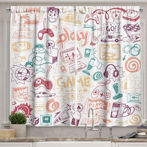 Ambesonne Video Games Kitchen Curtains, Monochrome Game Sketch, 55"x30", Pale Rust