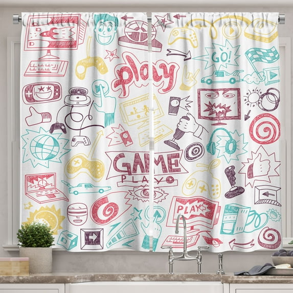Ambesonne Video Games Kitchen Curtains, Monochrome Gaming 90s, 55"x45", Dark Pink
