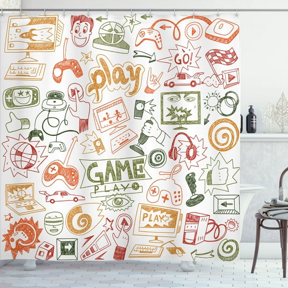 Ambesonne Video Games Shower Curtain, Monochrome Gaming 90s, 69"Wx70"L, Fern Green
