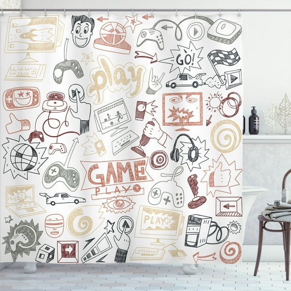 Ambesonne Video Games Shower Curtain, Monochrome Gaming 90s, 69"Wx70"L, Sand Brown