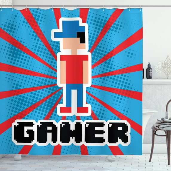 Ambesonne Video Games Shower Curtain, Red Blue Stripes, 69"Wx70"L, Vermilion White