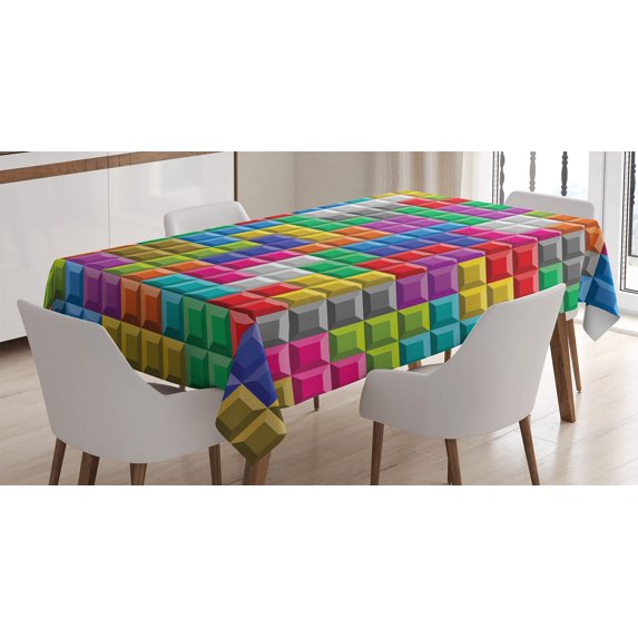 Ambesonne Video Games Tablecloth Rectangular Table Cover, Colorful Blocks Art, 52"x70", Multicolor