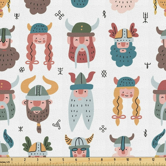 Ambesonne Viking Fabric by the Yard Upholstery, Repetitive Nordic People, 1 Yard, Slate Blue and Sand Brown