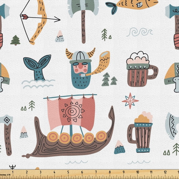 Ambesonne Viking Fabric by the Yard Upholstery, Whimsical Scandinavian Motif, 1 Yard, Blush Cadet Blue Cocoa