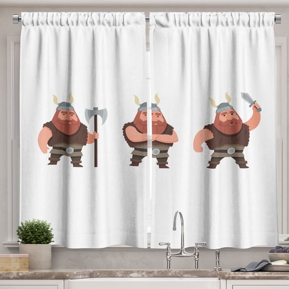 Ambesonne Viking Kitchen Curtains, 3 Nordic Character Drawing, 55"x39", Dark Salmon Peach Sepia