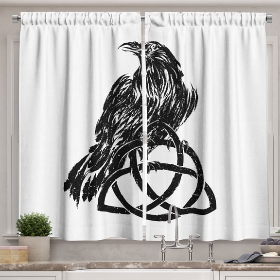 Ambesonne Viking Kitchen Curtains, Raven and Celtic Symbol Art, 55"x24", Charcoal Grey White