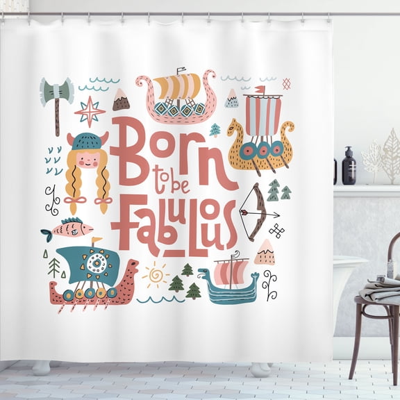 Ambesonne Viking Shower Curtain, Cartoonish Nordic Motifs, 69"Wx84"L, Dark Salmon and Sand Brown