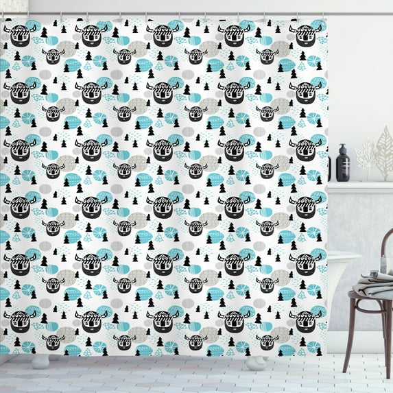 Ambesonne Vikings Shower Curtain, Viking Faces Woodland, 69"Wx75"L, Dark Grey Sky Blue