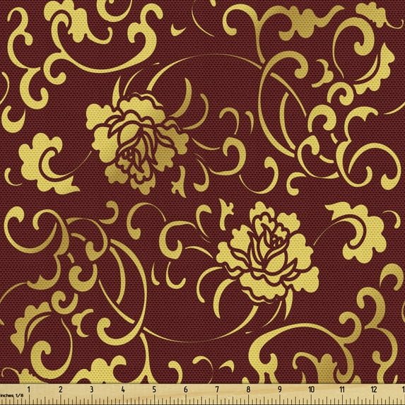 Ambesonne Vine Fabric by the Yard Upholstery, Antique Oriental Pattern, 2 Yards, Mustard and Burgundy