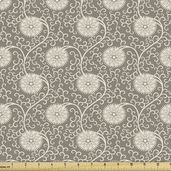 Ambesonne Vine Fabric by the Yard Upholstery, Retro Style Floral Vintage, 3 Yards, Warm Taupe and Ivory