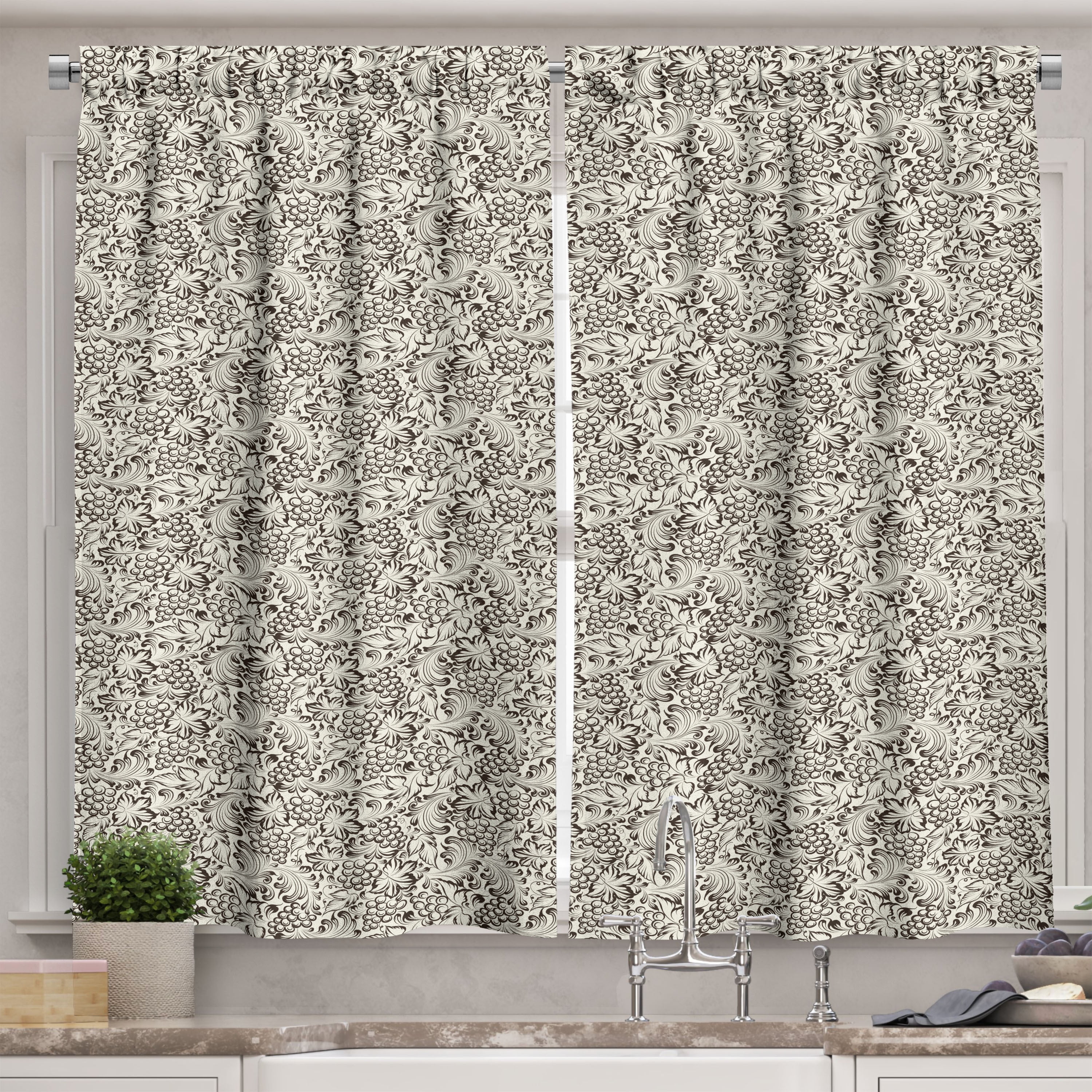 Floral Vine Light-Filtering White Polyester Kitchen Curtains