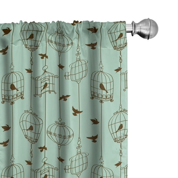 Ambesonne Vintage Window Curtains, Birds and Cages Art, Each 28" W x 63" L, Mint Green and Brown