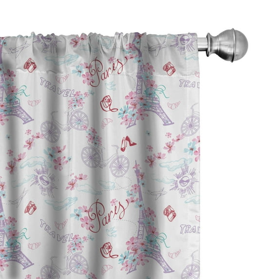 Ambesonne Vintage Window Curtains, Eiffel Tower and Flower, Each 28" W x 63" L, Pale Blue Pink and White