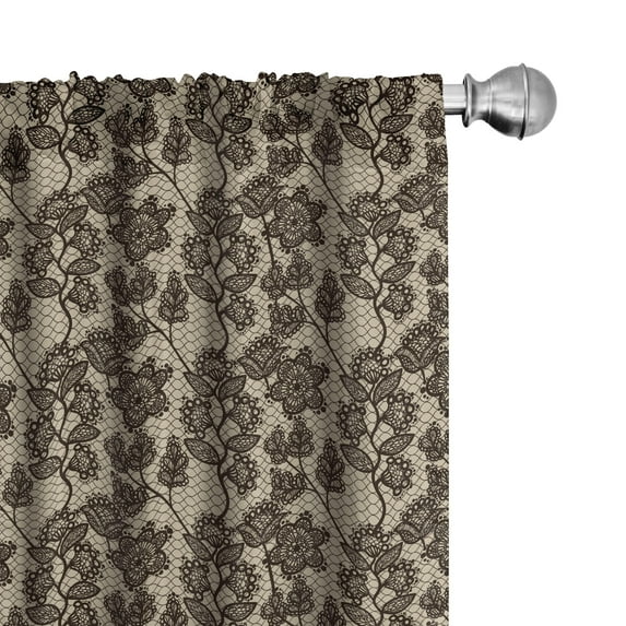 Ambesonne Vintage Window Curtains, Floral Doodle Leaves, Each 28" W x 63" L, Beige Black