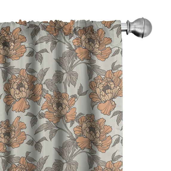 Ambesonne Vintage Window Curtains, Floral Nostalgia Peonies, Each 28" W x 63" L, Dark Peach Grey Yellow