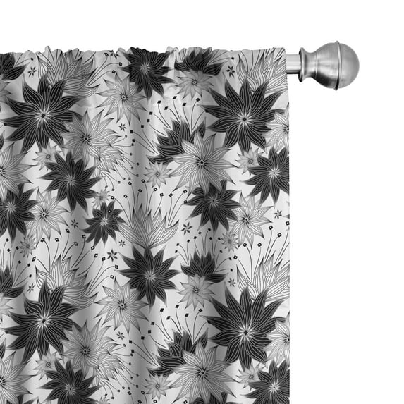Ambesonne Grey Window Curtains, Art Flowers Monochrome Print, Each 28" W x 63" L, White Black