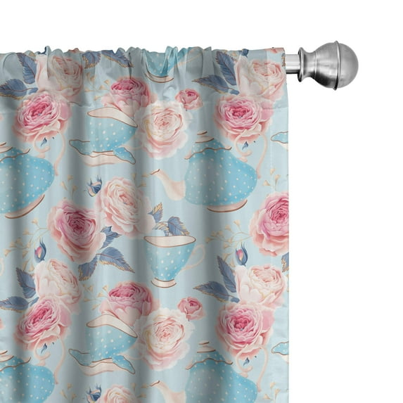 Ambesonne Vintage Window Curtains, Flowers Roses Teapot, Each 28" W x 84" L, Pale Blue Pale Pink