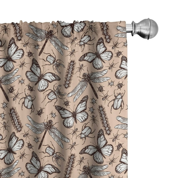 Ambesonne Vintage Window Curtains, Insect Butterfly Sketch, Each 28" W x 63" L, Pale Peach Seal Brown