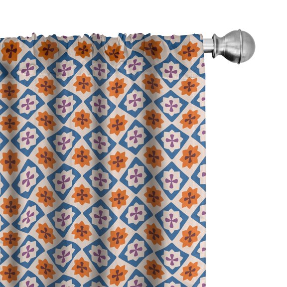 Ambesonne Vintage Window Curtains, Retro Flower-Like Shapes, Each 28" W x 63" L, Dark Orange Slate Blue