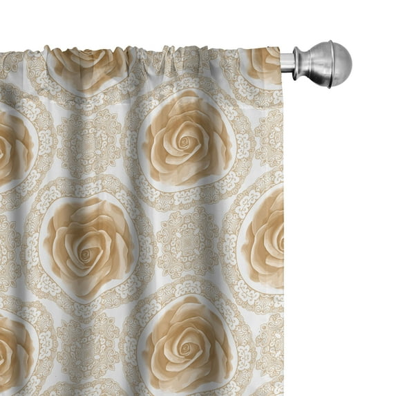 Ambesonne Vintage Window Curtains, Royal Baroque Roses, Each 28" W x 84" L, Pale Brown White