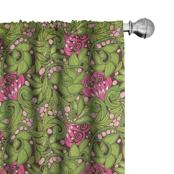 Ambesonne Vintage Window Curtains, Swirly Green Leaves Scroll, Each 28" W x 63" L, Apple Green Pink Brown