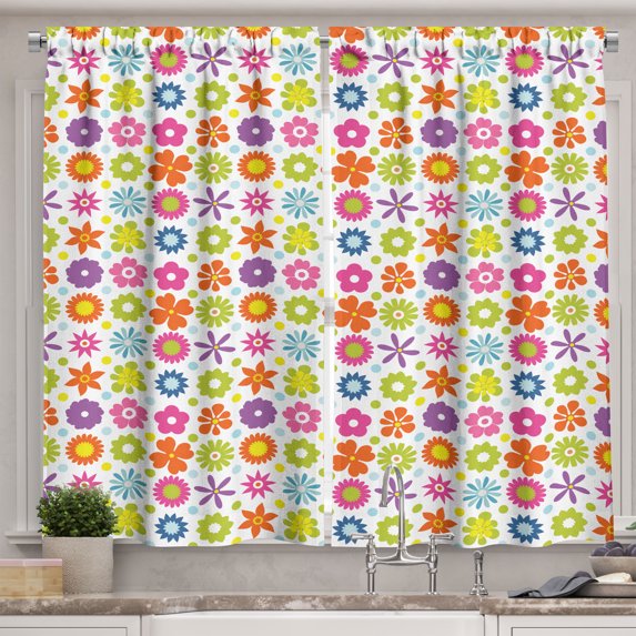 Ambesonne Vintage 70's Kitchen Curtains, Colorful Flowers Dots, 55"x24", Pink Yellow Green Orange