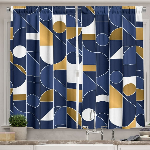 Ambesonne Vintage 70's Kitchen Curtains, Retro Lines Circles, 55"x36", Navy Blue White and Brown