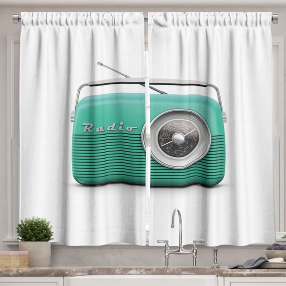 Ambesonne Vintage 70's Kitchen Curtains, Retro Radio Receiver, 55"x24", Turquoise Pale Grey and White